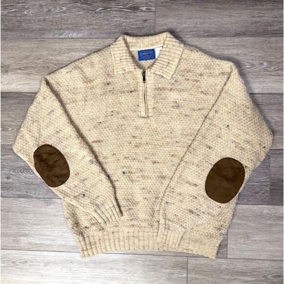Vintage Pendleton 100% Pure Virgin Wool Elbow Patch 1/4 Zip Sweater 1990 90s Y2K